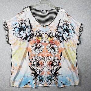 Avenue Plus Size 30/32 Blouse Multicolor Floral Stripe Mixed Media V-Neck Knit